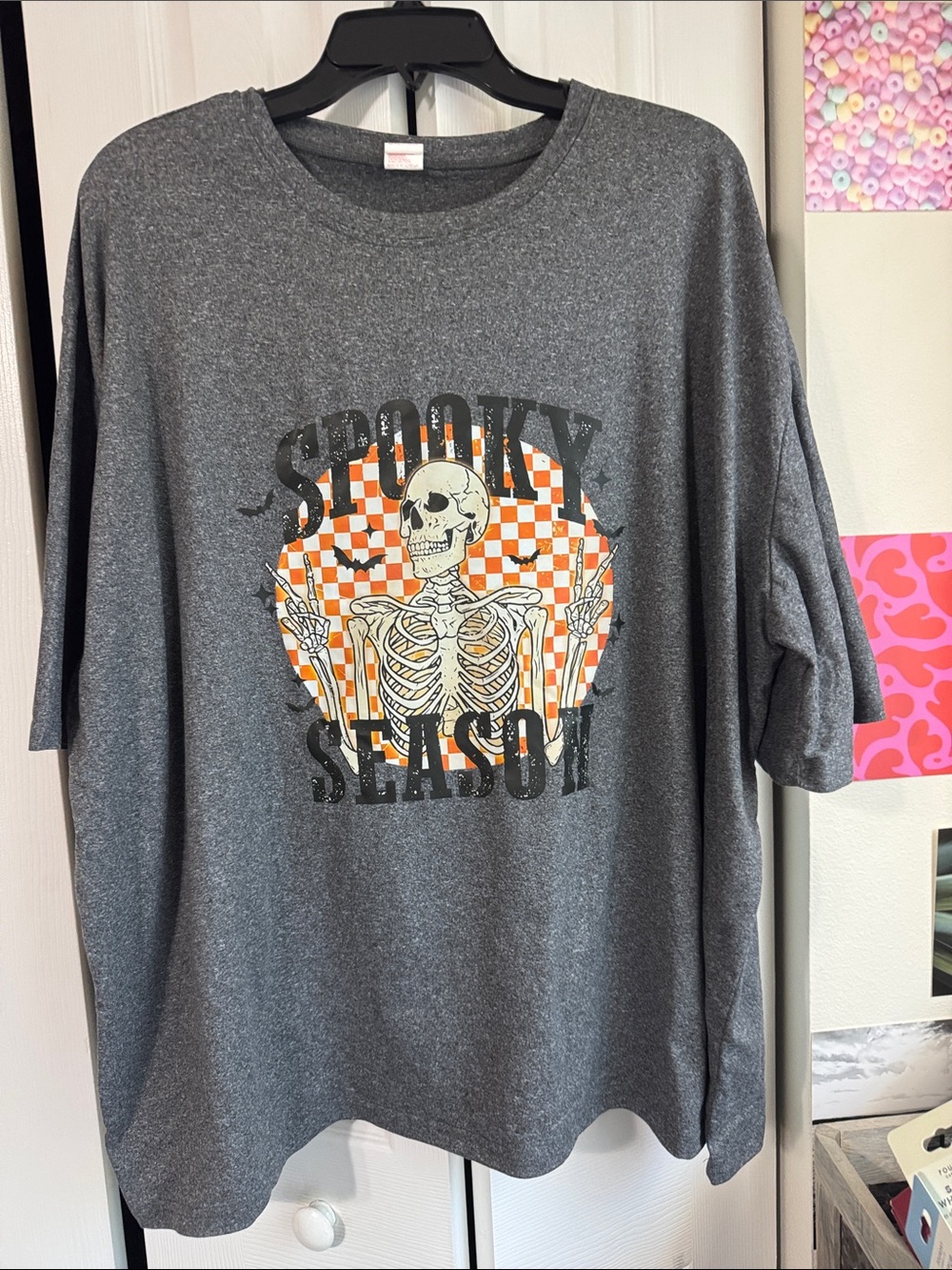 Spooky Season Gray Short Sleeve Tee with Skeleton Graphic